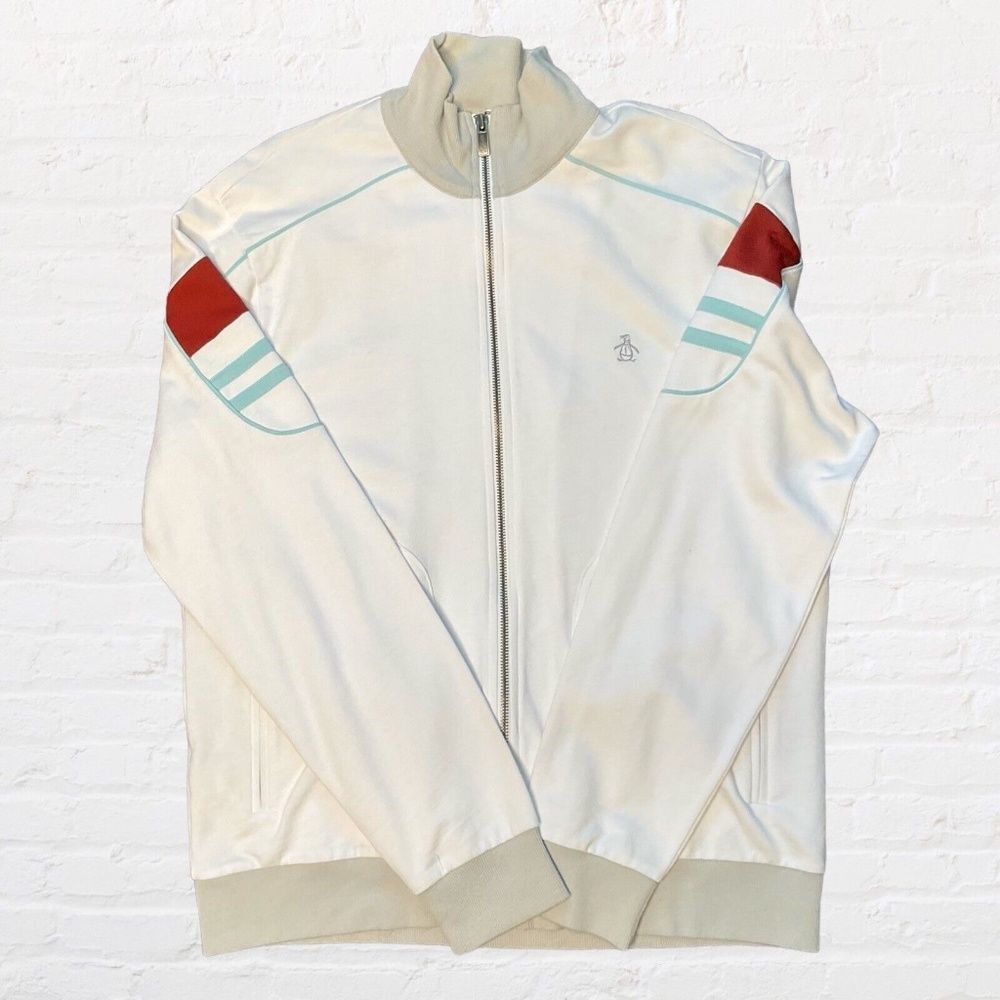 NWT Original Penguin Men's White Long Sleeve Zip Up Logo Jacket Size L.
